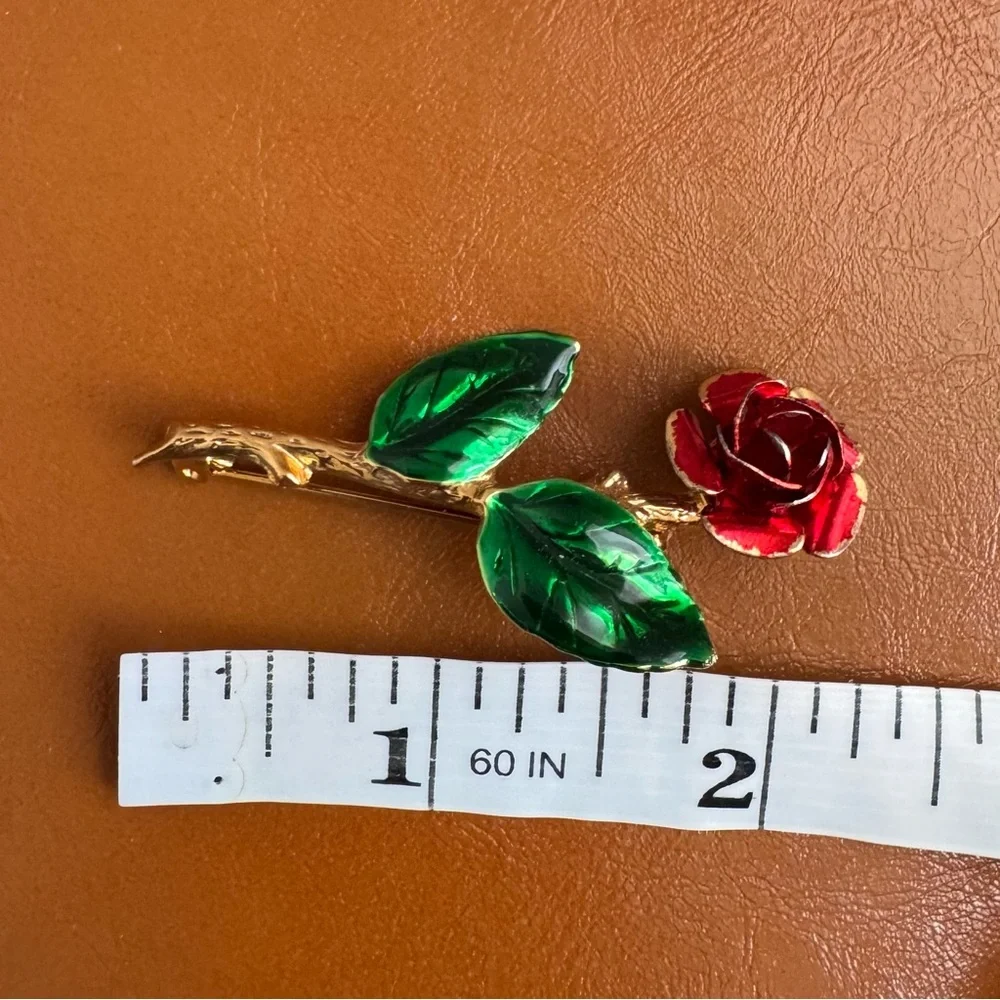 Vintage Early 2000s | Red Rose Brooch Pin Gold Tone Emerald Green Leaves 2.25”